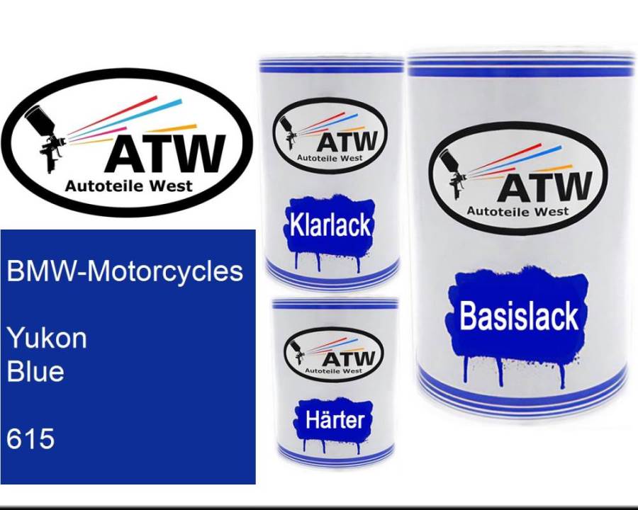 BMW-Motorcycles, Yukon Blue, 615: 500ml Lackdose + 500ml Klarlack + 250ml Härter - Set, von ATW Autoteile West.